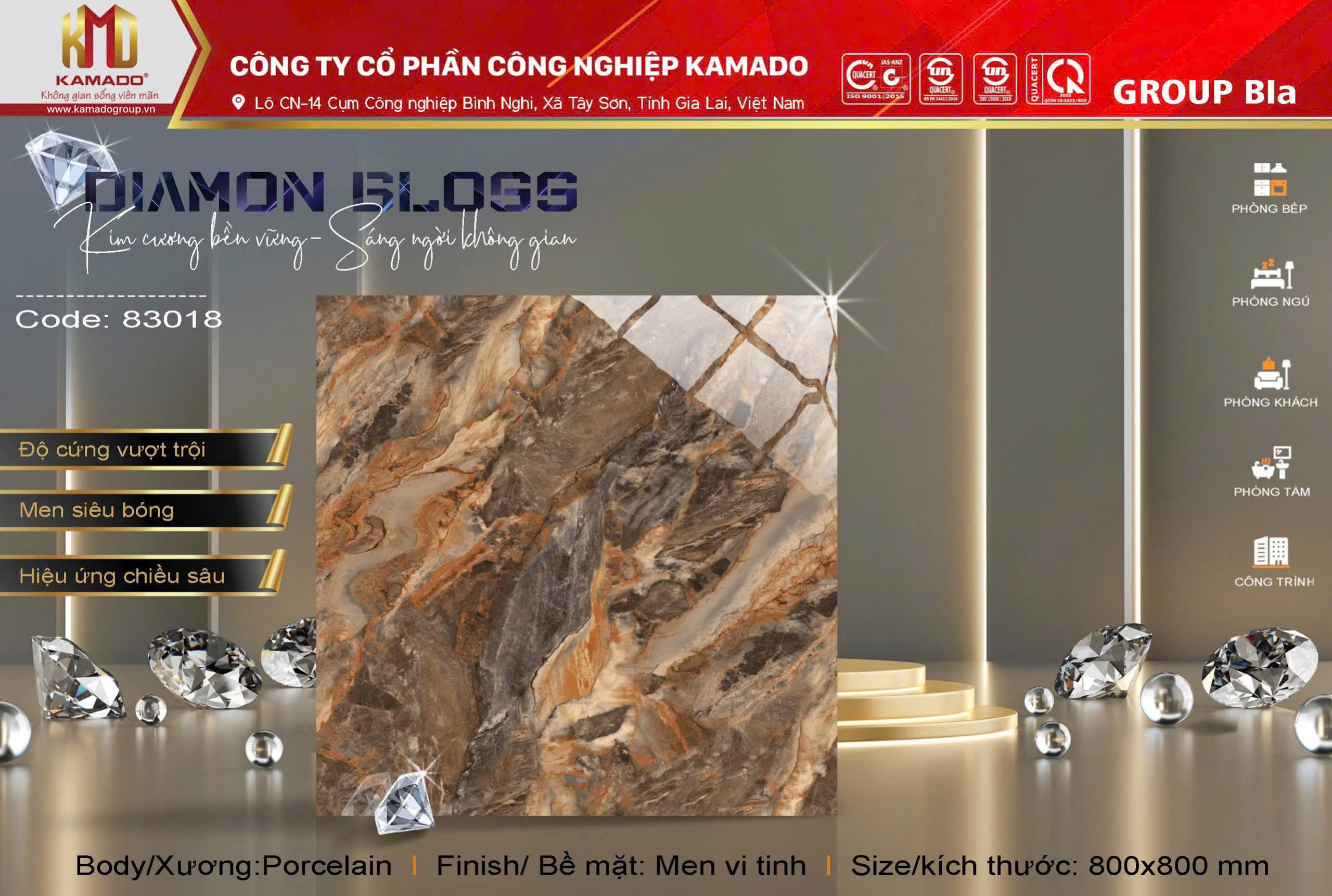 Gạch Kamado Diamond Gloss vân đá